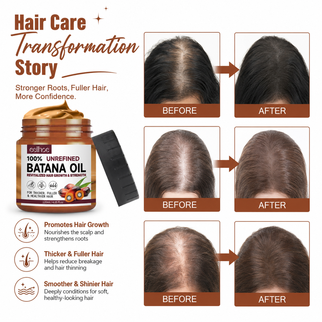 EELHOE Batana Oil Conditioner transformation collage with before and after hair comparison panels on a white background.