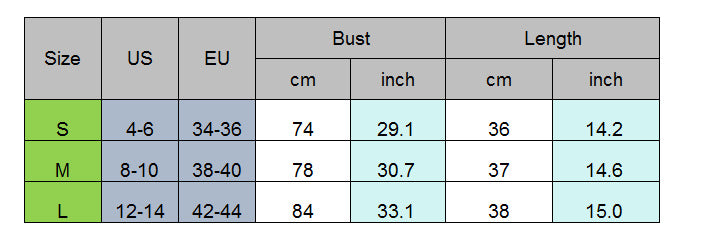 Table displaying measurements for bust and length in centimeters and inches across different size categories.