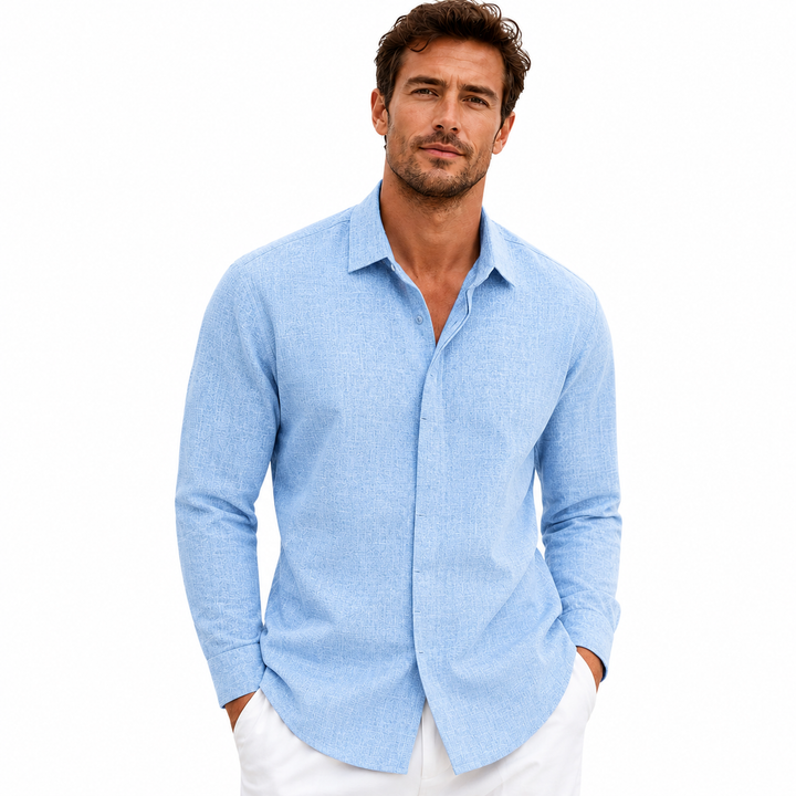 Blue solid color mens long sleeve shirt with relaxed fit, simple cardigan styling and everyday autumn layering appeal for men