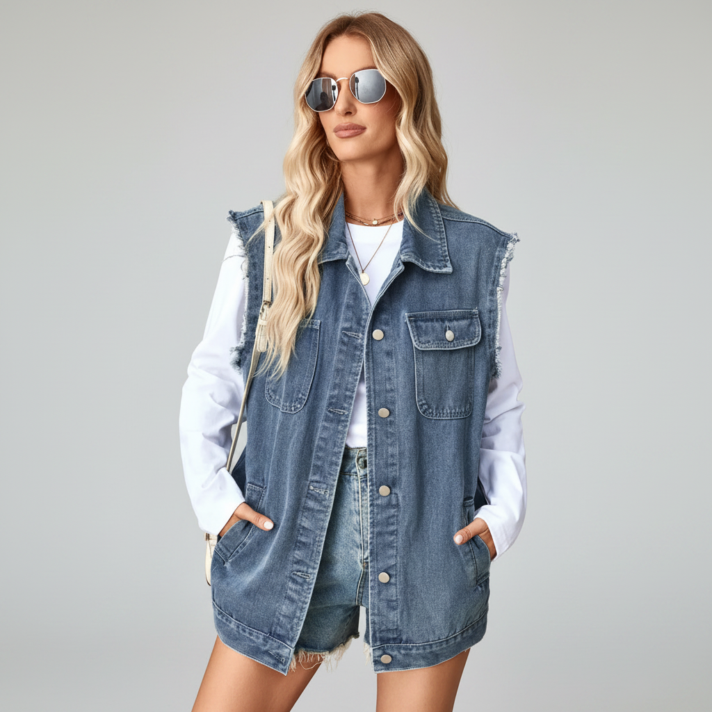 Sleeveless Denim Jacket with Raw Hem and Button Pockets