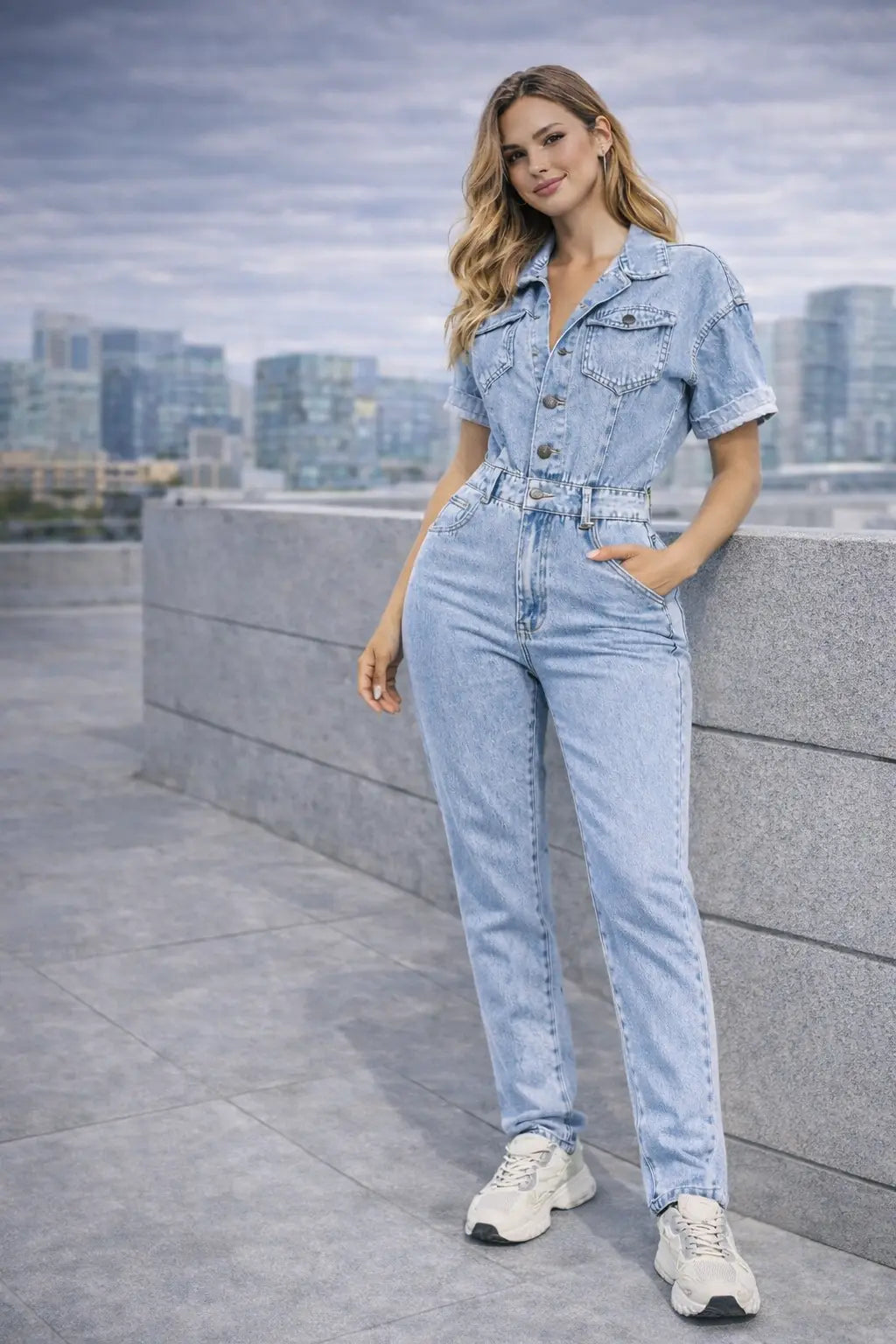 structured denim jumpsuit styled with sneakers
