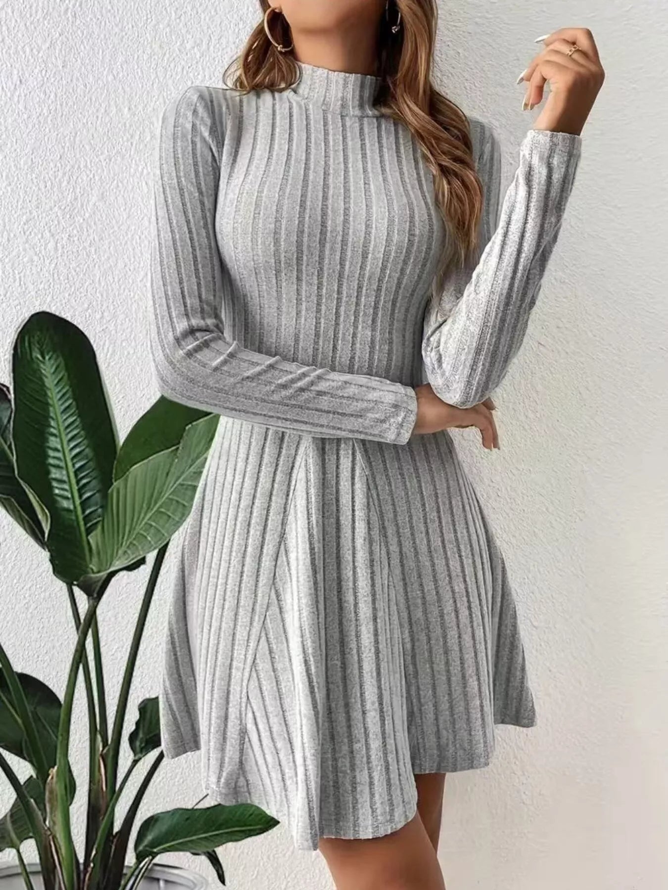 ribbed knit mini dress long sleeve stretchy material flattering body fit
