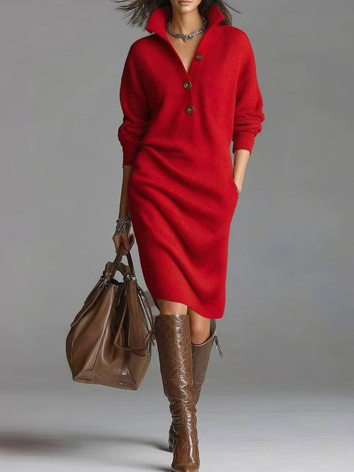 Assorted long sleeve sweater dresses in black, red, yellow and khaki on rack, curated winter knit collection for women