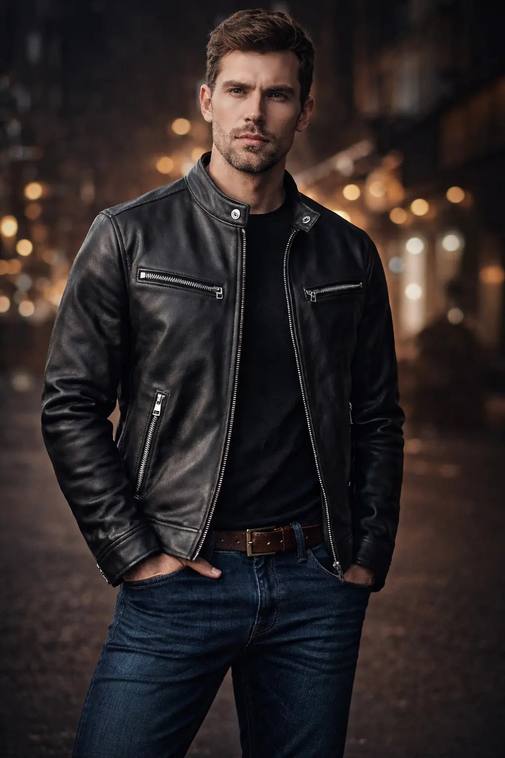 mens pu leather motorcycle jacket coffee color front view refined finish