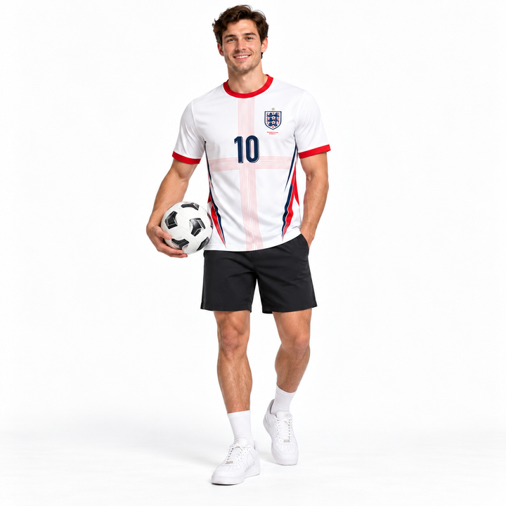 England white red No.10 football fan tee on male model with football