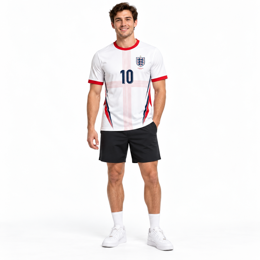 England white red No.10 football fan tee shown on full-body male model