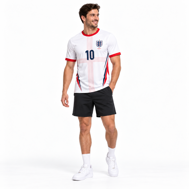 England white red No.10 football fan tee shown on second male model