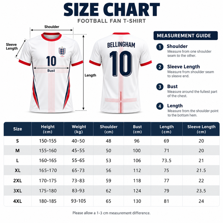 England football fan tee size chart S to 4XL