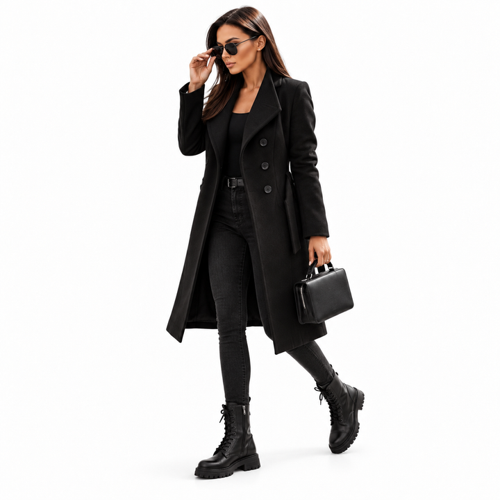 Black belted coat for women shown in a full-length walking pose with black boots on a clean white background