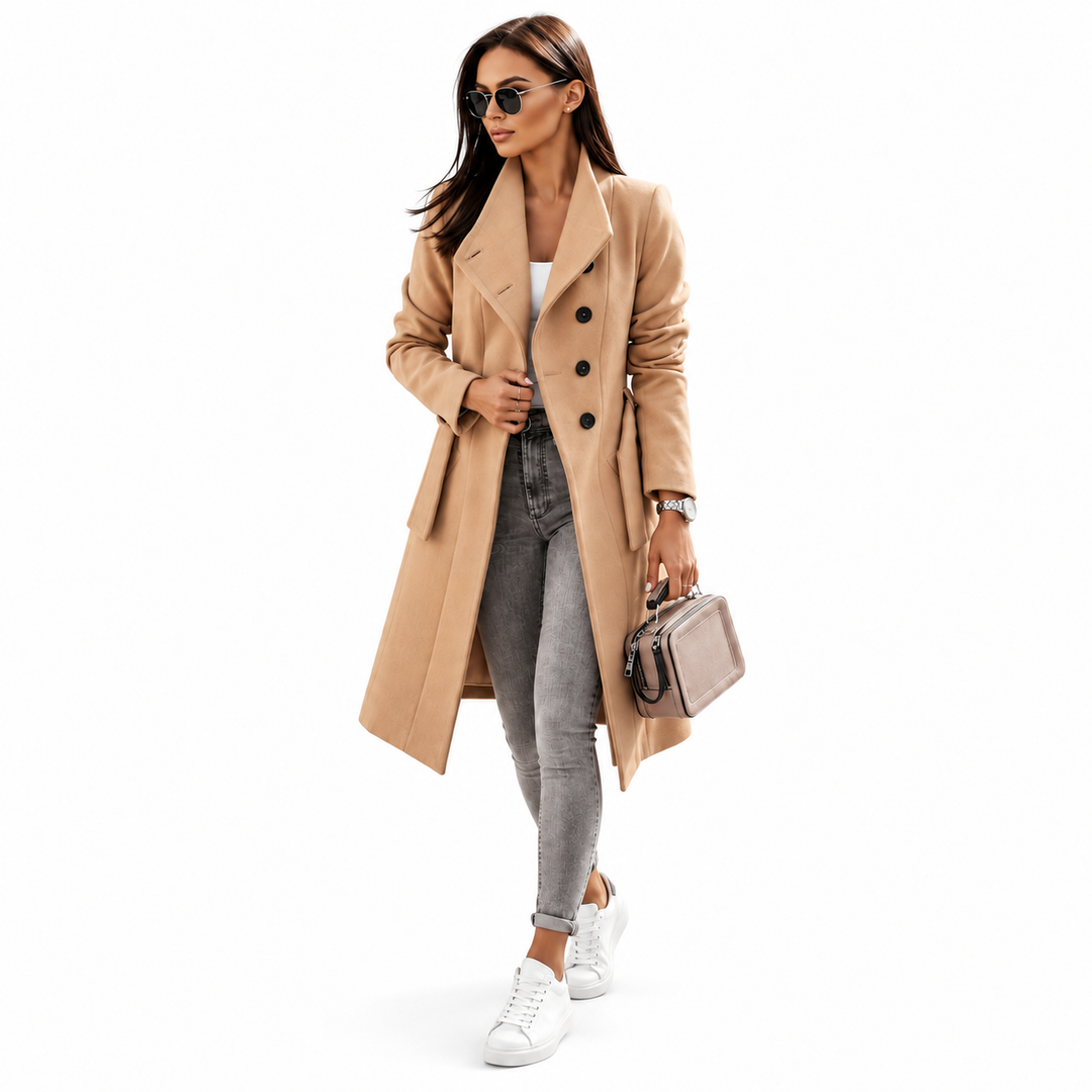 Khaki belted coat for women shown in a closer studio view with lapel collar, buttons and tailored shape