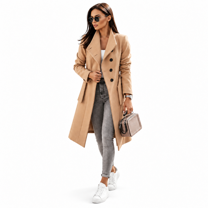 Khaki belted coat for women shown in a closer studio view with lapel collar, buttons and tailored shape