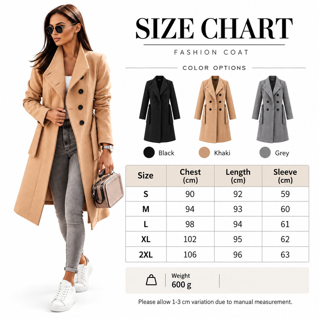 Belted coat size chart showing Black, Khaki and Grey options with S to 2XL garment measurements