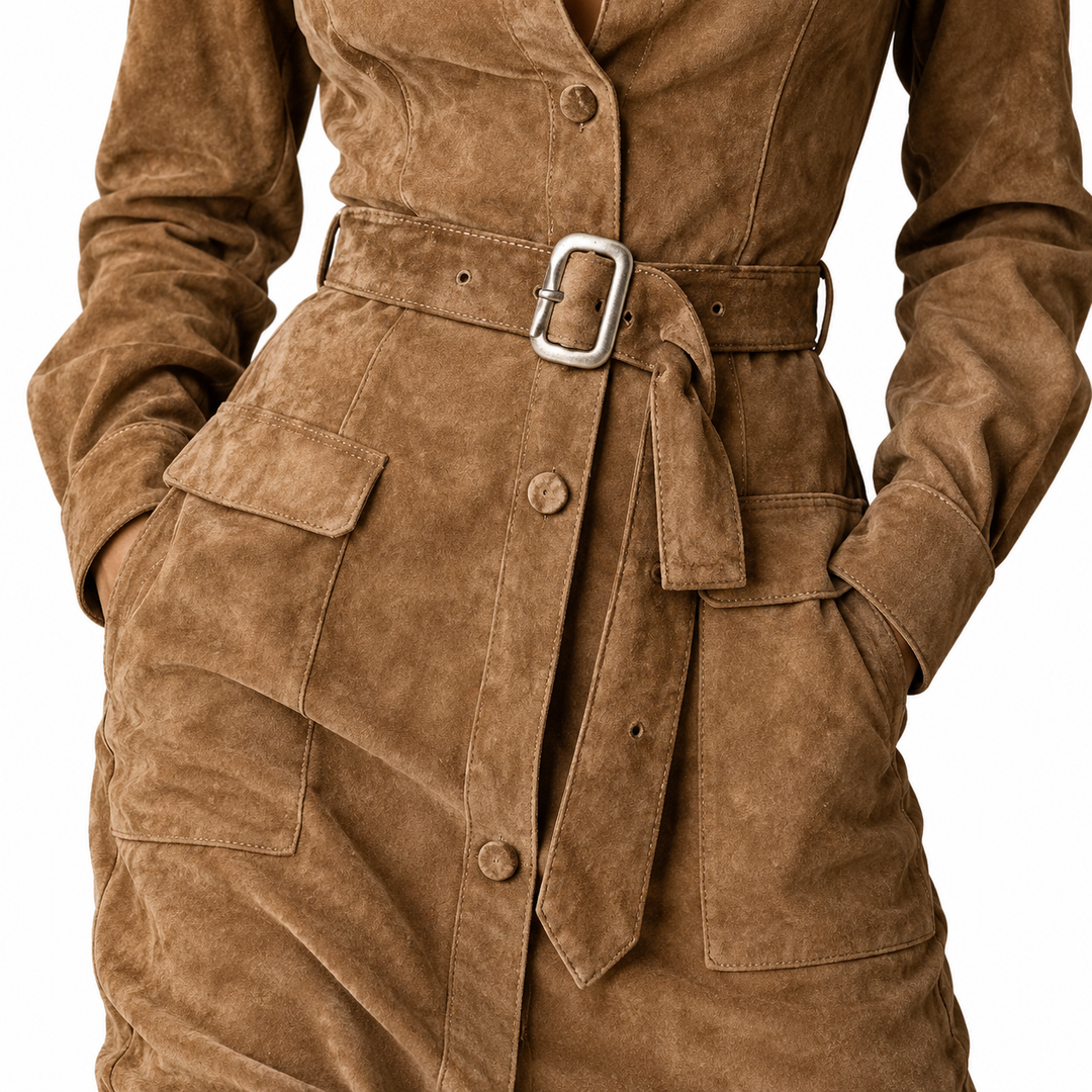 Close-up of the Camel dress waist with a silver rectangular buckle matching belt, button front and front patch pocket detail.