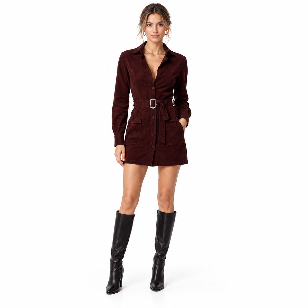 Dark Red dress on a full-body model with tonal collar, long sleeves, matching buckle belt, and black boots in a white studio.