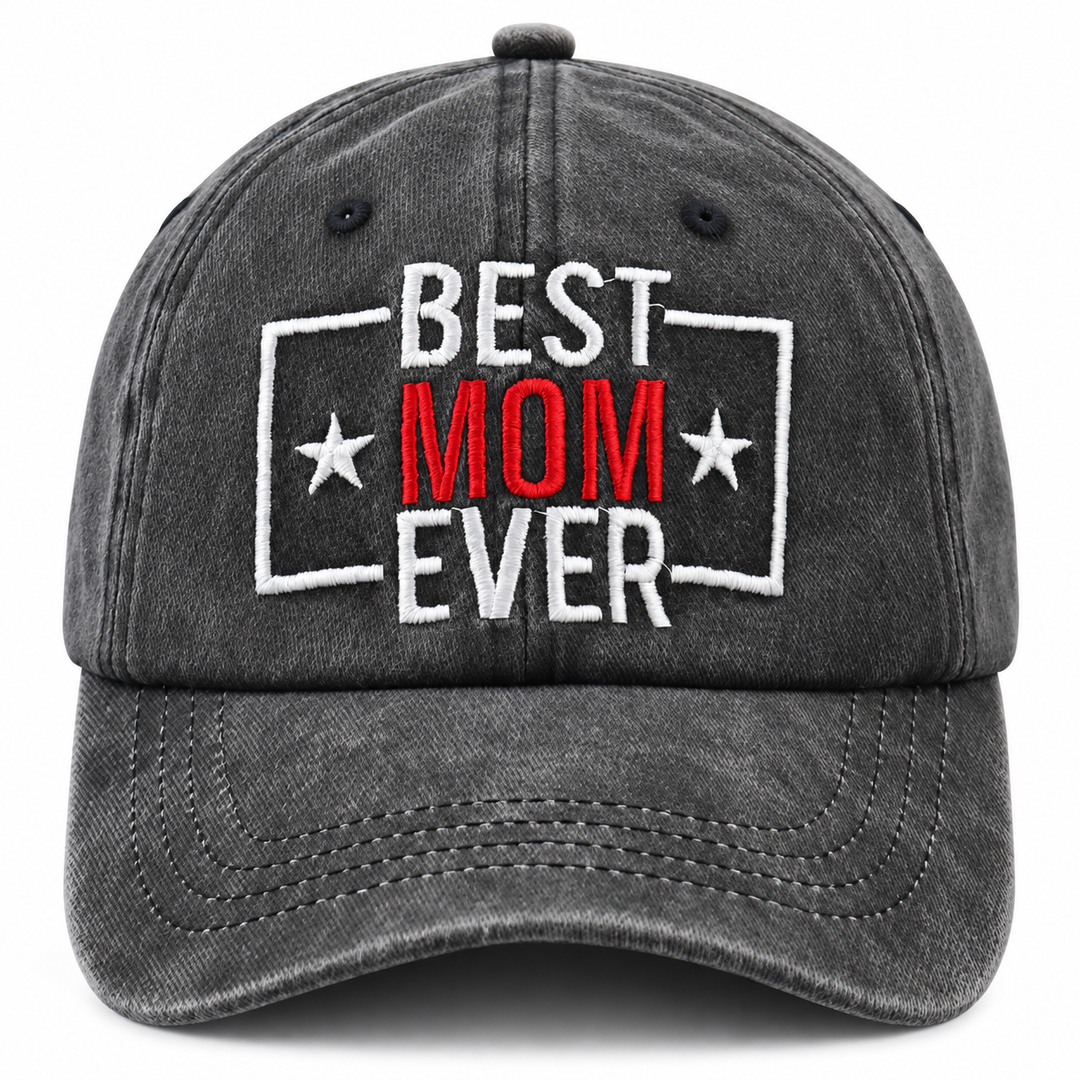 Best Mom Ever adjustable hat front view with embroidered red and white design on washed black cap