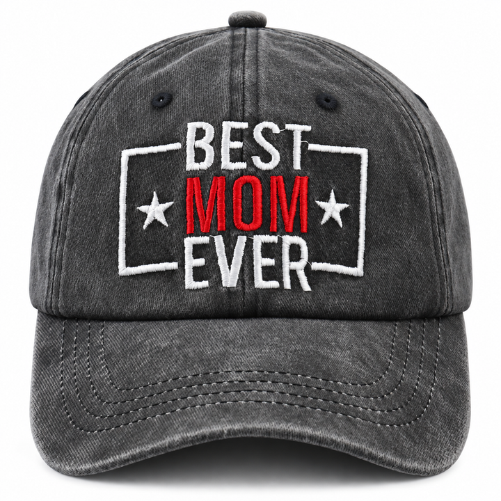 Best Mom Ever adjustable hat front view with embroidered red and white design on washed black cap