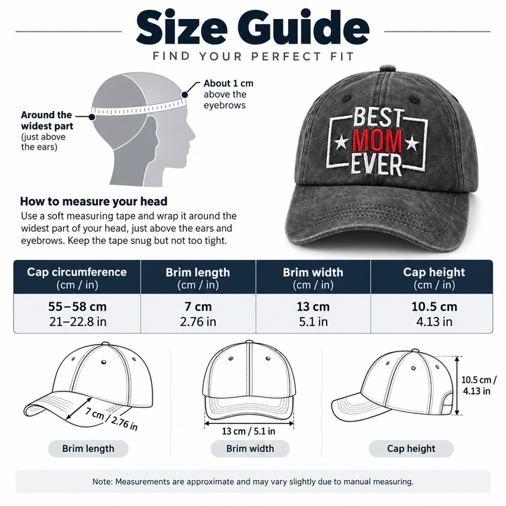 Best Mom Ever adjustable hat size guide with circumference brim length width and cap height measurements