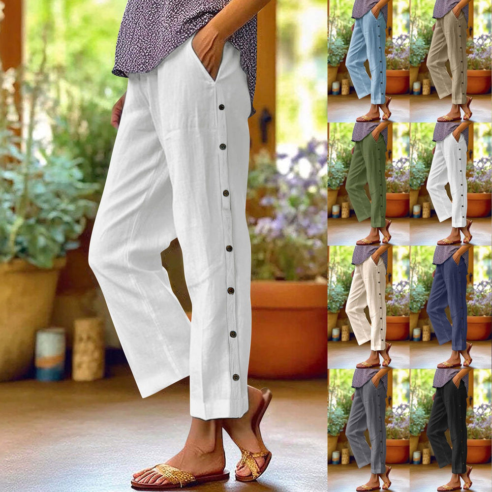 White button-up pants worn by a person in various settings with plants in the background.