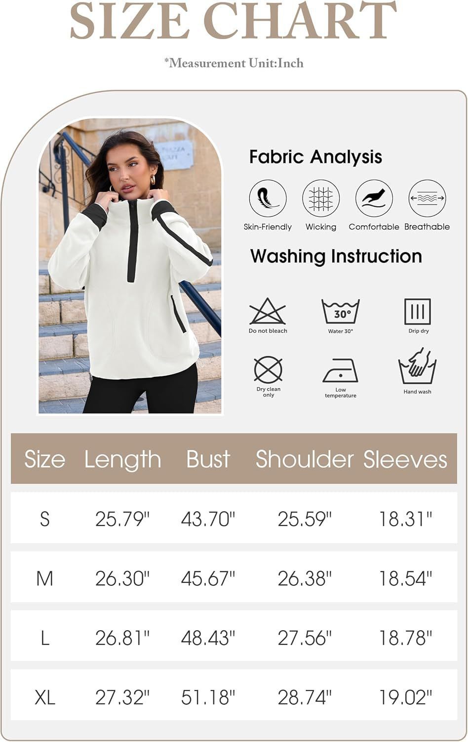 Size chart for a white jacket with fabric analysis and washing instructions.