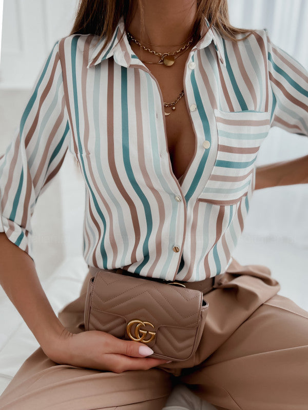 Lapel Long Sleeve Shirt Women Single Breasted Blouse