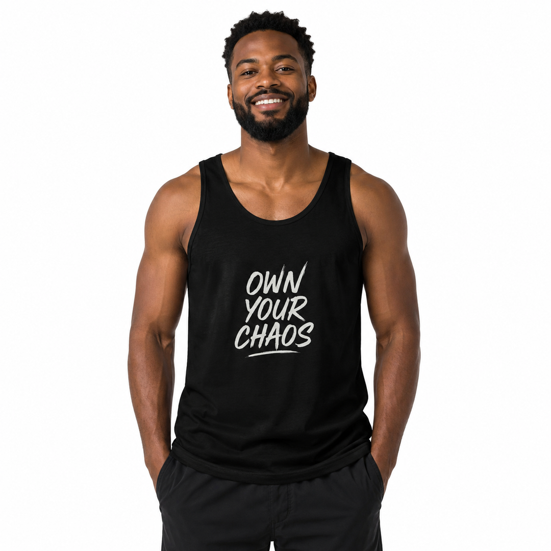 Front product view of a bold message tank top with Own Your Chaos lettering, side seams, and self-fabric binding details now.
