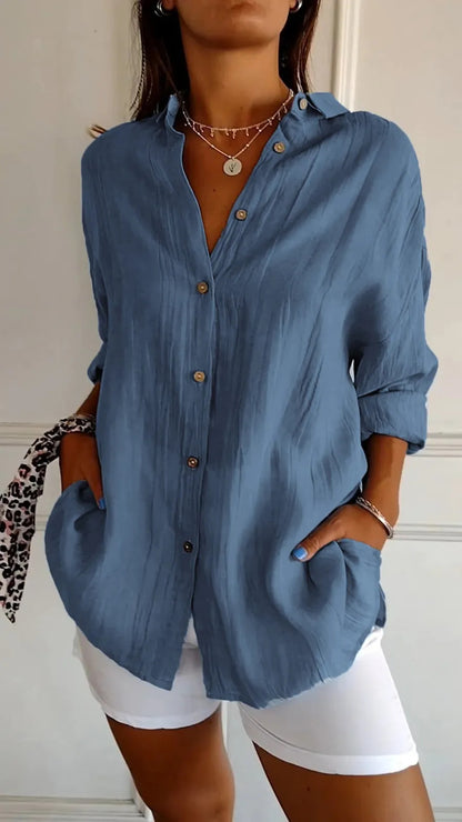 Women's Pleated Long Sleeve Shirt - Polished Loose Fit
