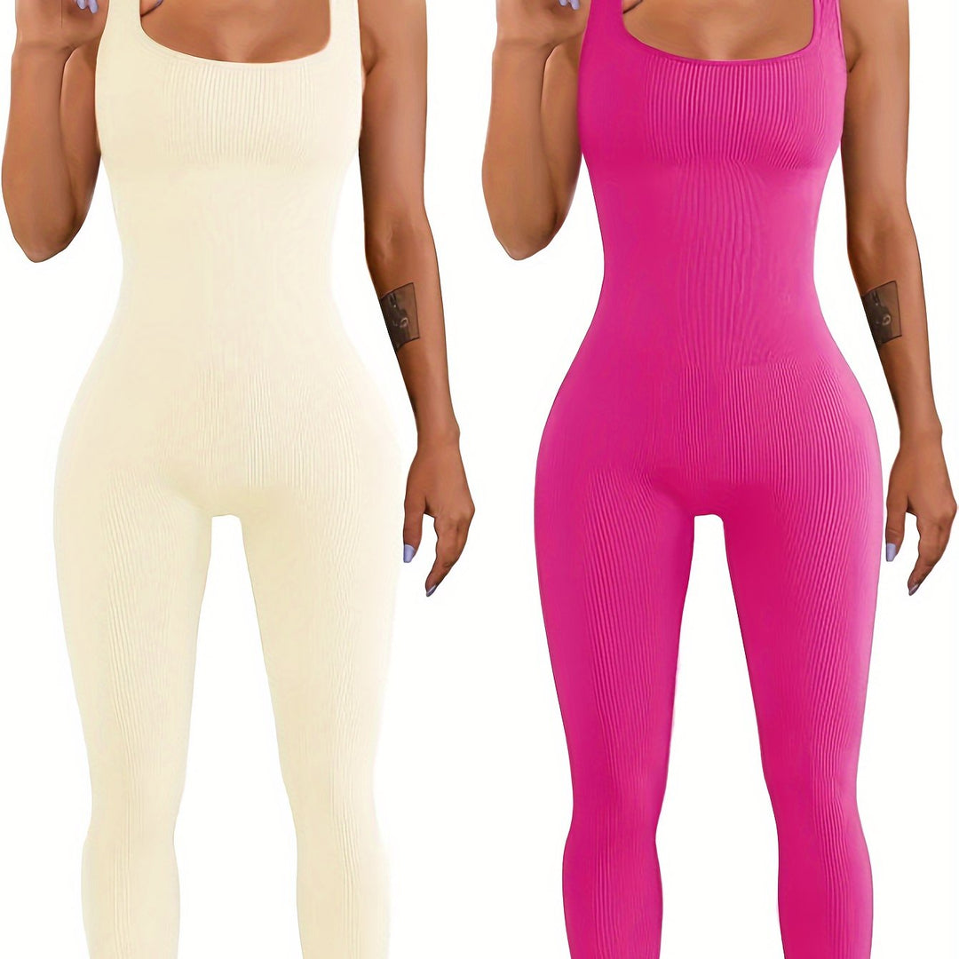Two women wearing ribbed jumpsuits, one in beige and one in pink, on a white background.