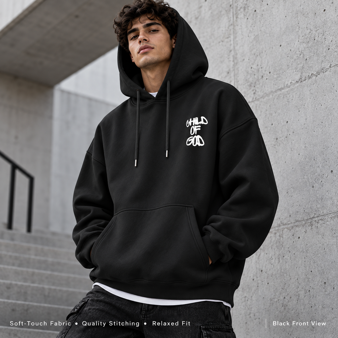 Black Child of God hoodie front view on male model in urban setting