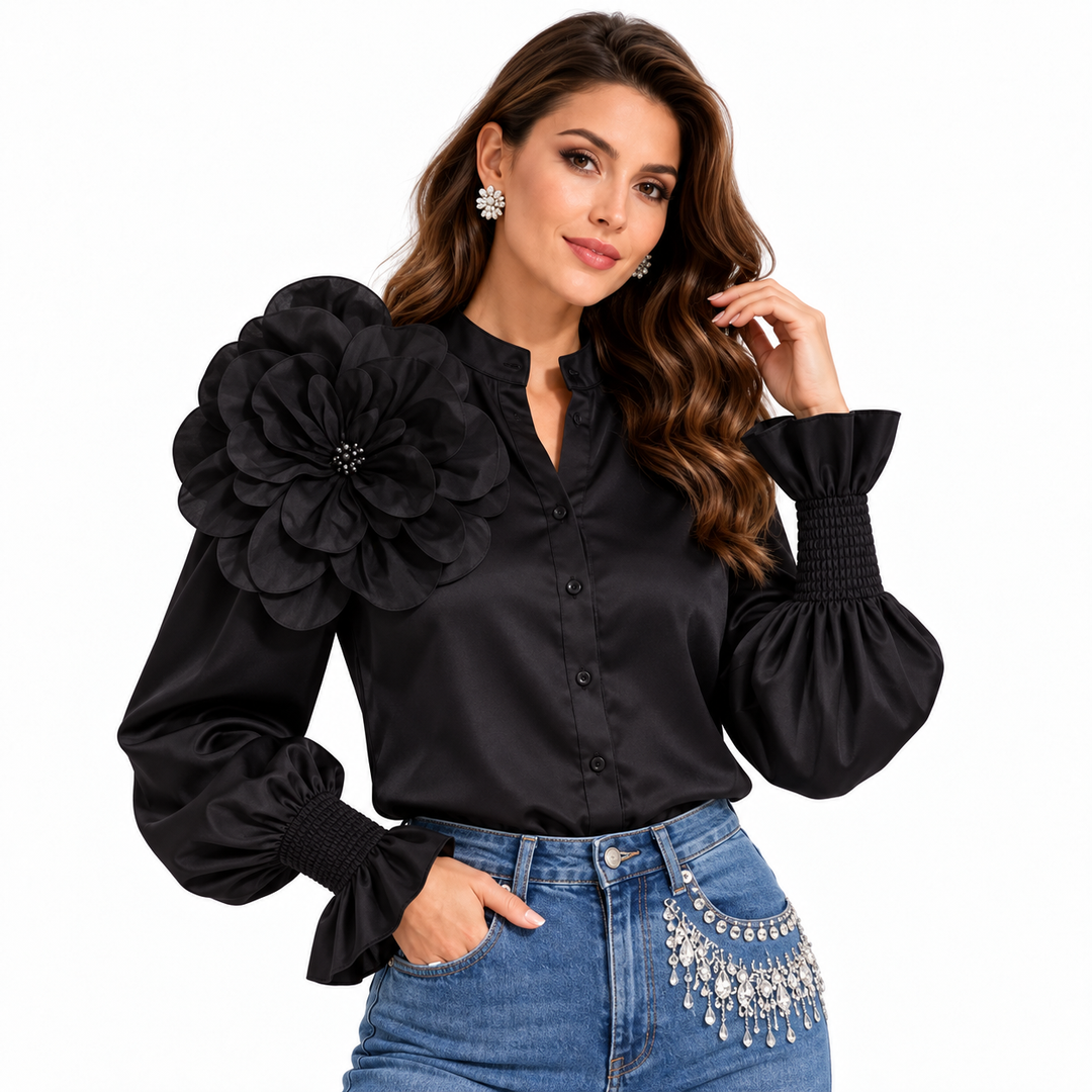 Lantern sleeve blouse in Black with floral shoulder detail