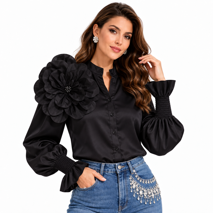 Lantern sleeve blouse in Black with floral shoulder detail