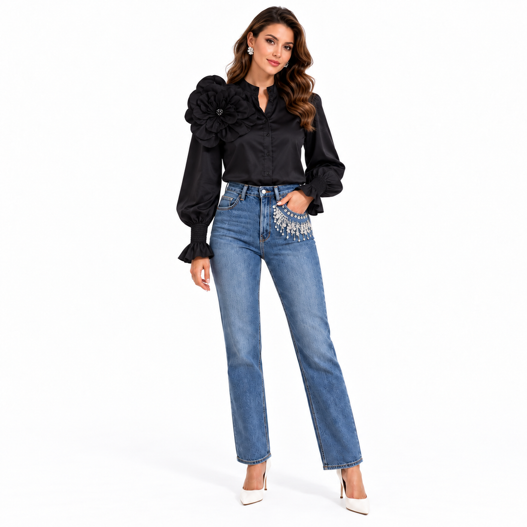 Lantern sleeve blouse in White, full-body front view