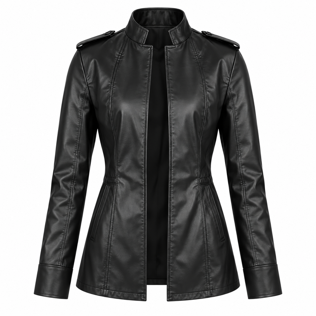 Black moto-style jacket product-only front view on a white background