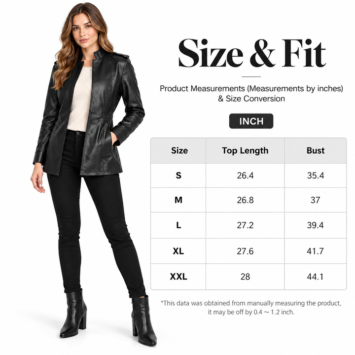 Size and fit chart for S to XXL with top length and bust measurements in inches