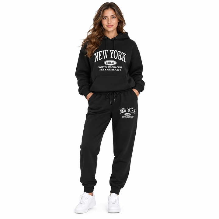 Black New York graphic hoodie and matching sweatpants shown as a coordinated set