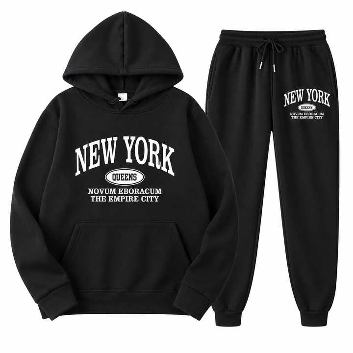 Black New York graphic sweatsuit set on a second model, full-body front view