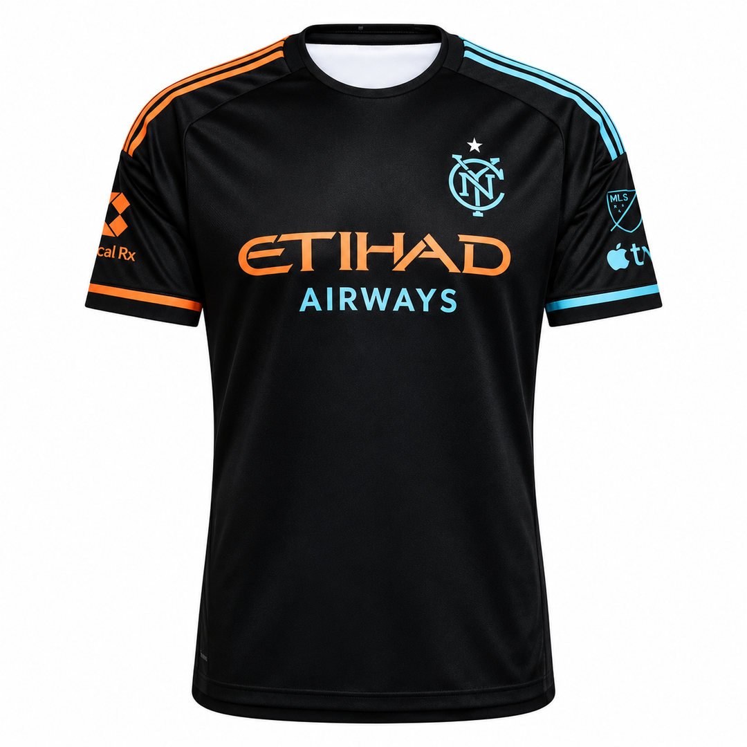Black football fan jersey with orange and cyan accents front view