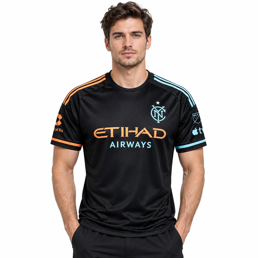 Black football fan jersey with orange and cyan accents on model