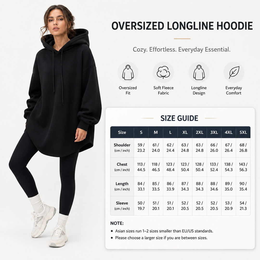 Black oversized hoodie women size guide showing S to 5XL options, and listed garment measurements for easier size comparison.
