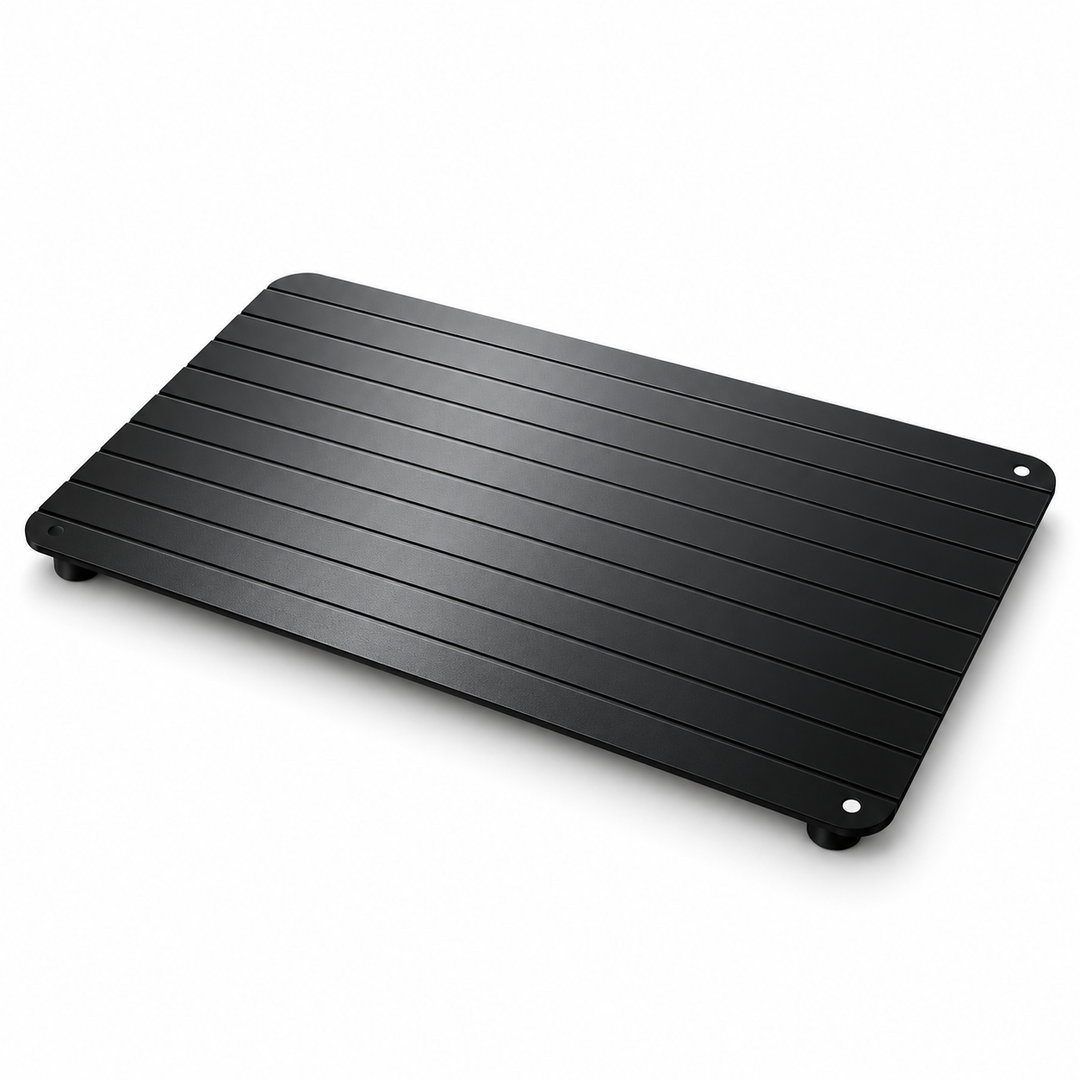 Fast defrosting tray with black ridged surface on a white background
