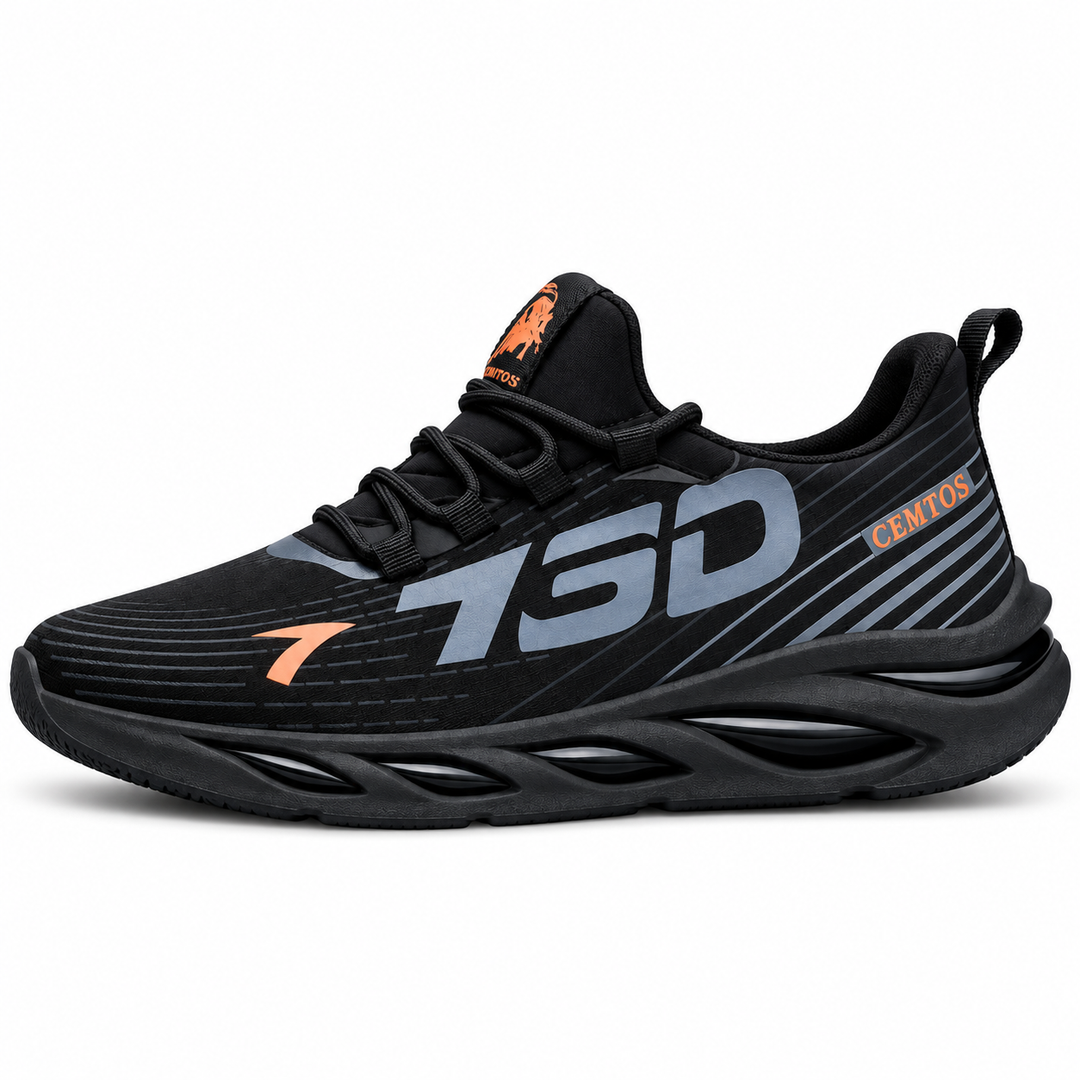 Black athletic-style shoe on white background showing side graphic, laces and molded outsole