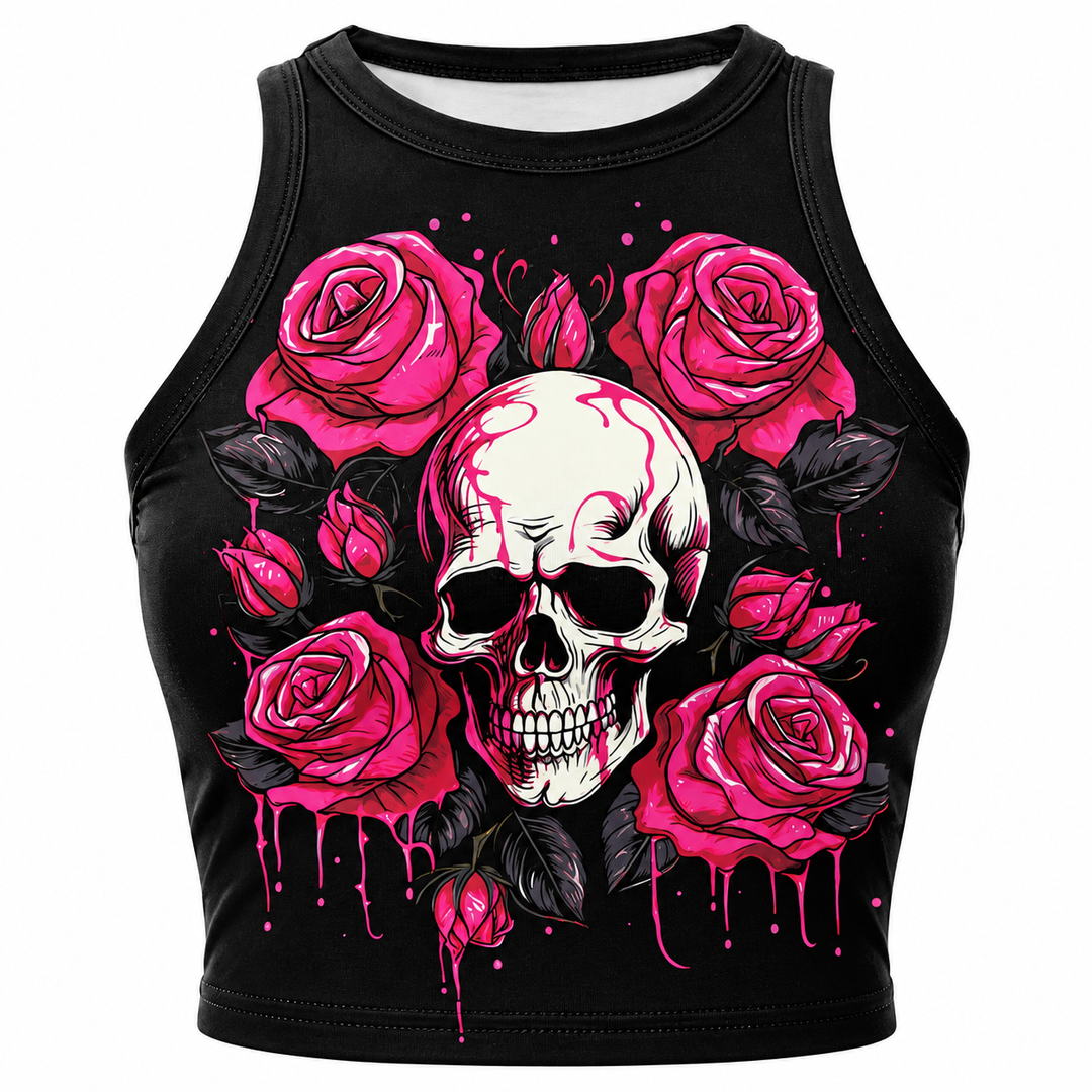 Black skull and pink rose crop top print and stitching detail