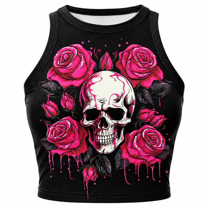 Black skull and pink rose crop top print and stitching detail