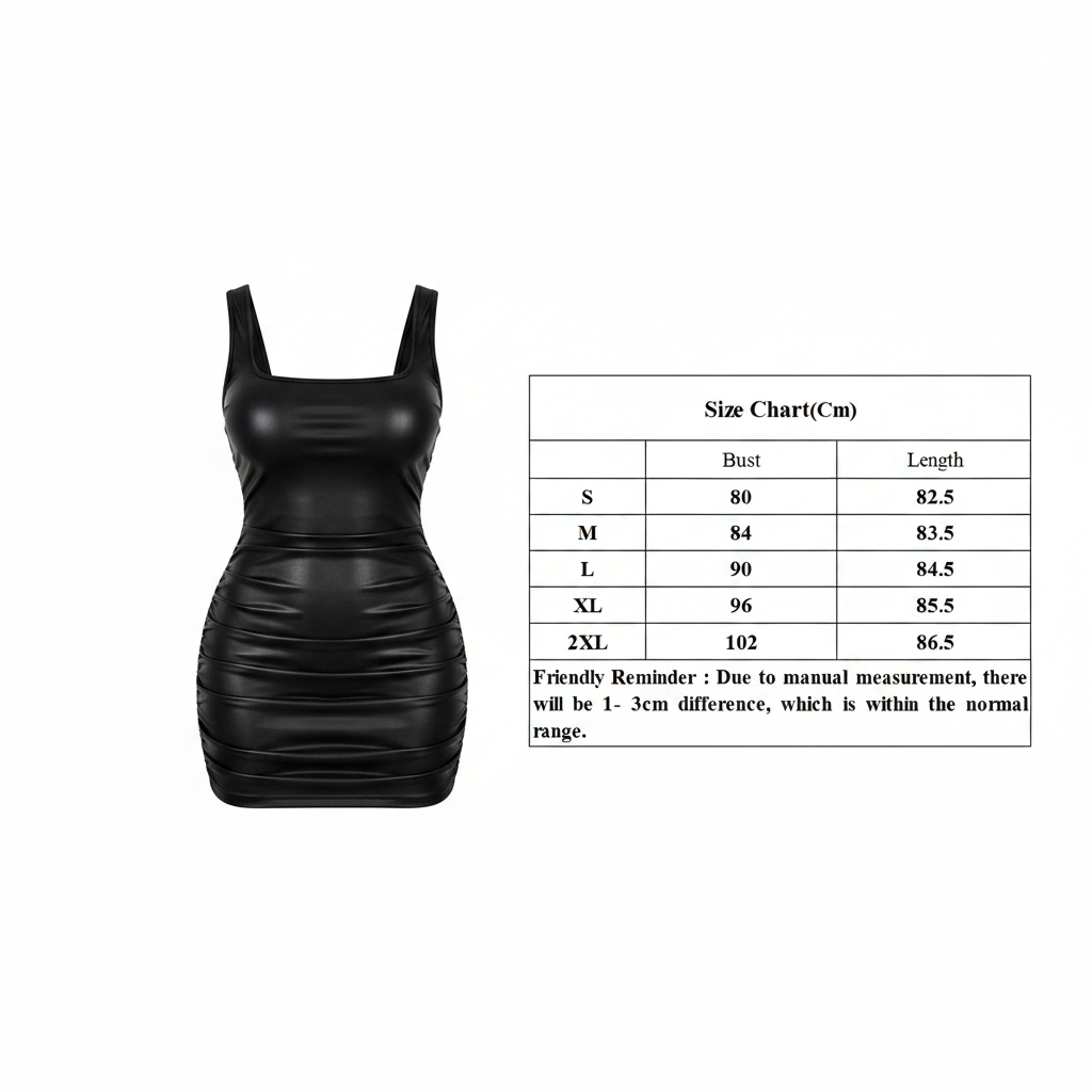 black faux leather mini dress size chart S M L XL XXL bust length measurements

