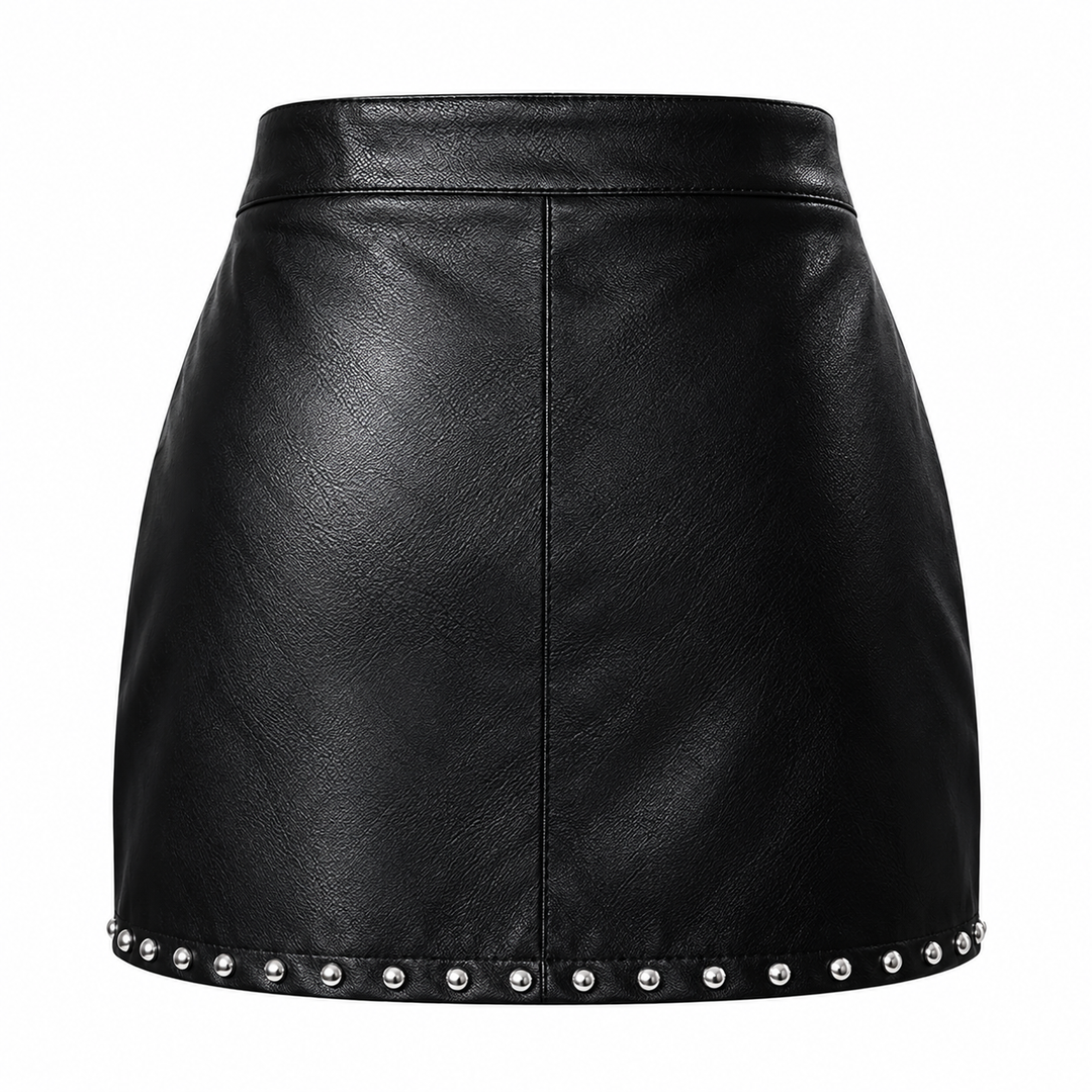Black studded mini skirt product-only back view on white