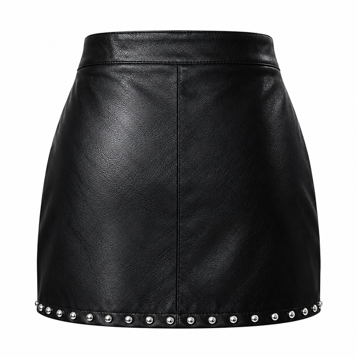 Black studded mini skirt product-only back view on white