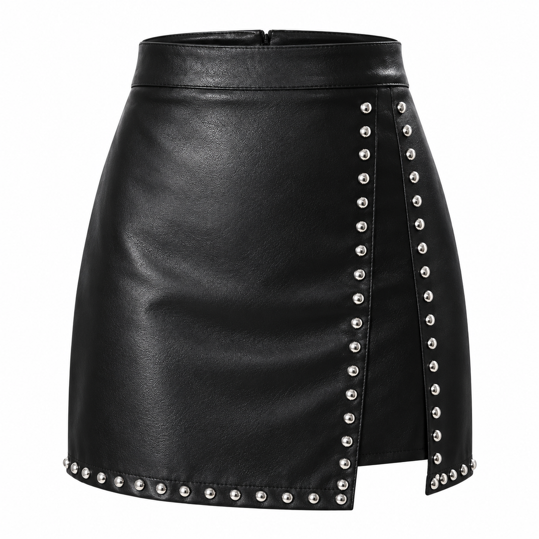Black studded mini skirt product-only front view on white