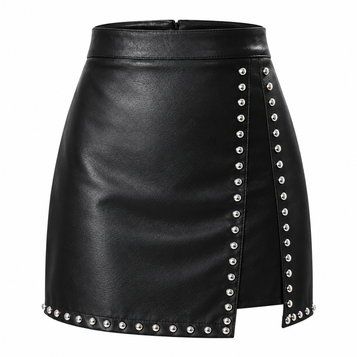 Black studded mini skirt product-only front view on white