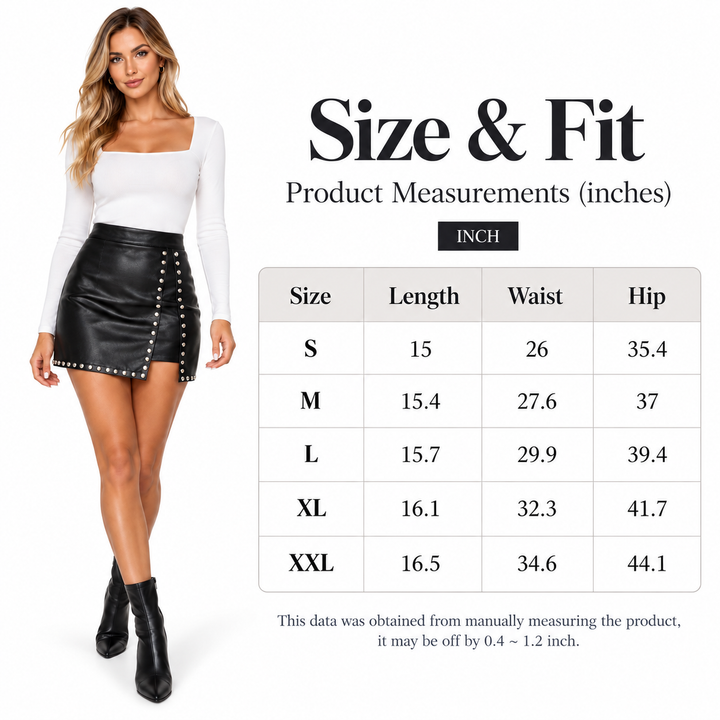 Size and fit chart for black studded mini skirt, sizes S to XXL with length, waist and hip measurements