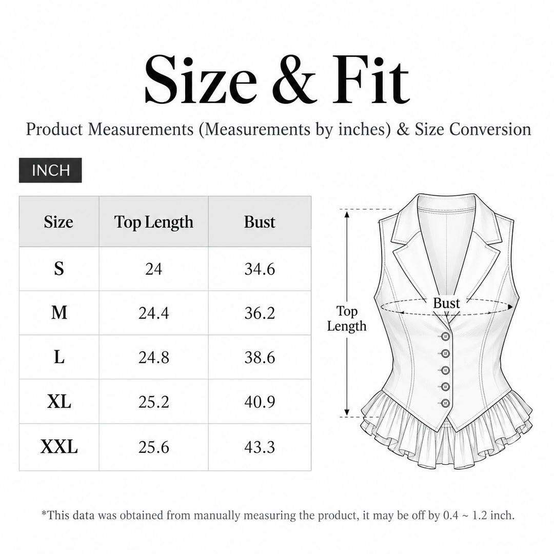 Size and fit chart for black vest jacket, sizes S to XXL with top length and bust measurements