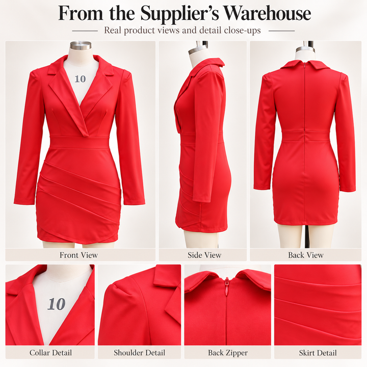 Red blazer dress catalog view with garment details